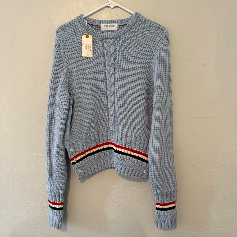 Thom Browne. Cable Stitch Classi Pullover Merino Wool Light Blue NEW NWT - Picture 2 of 9